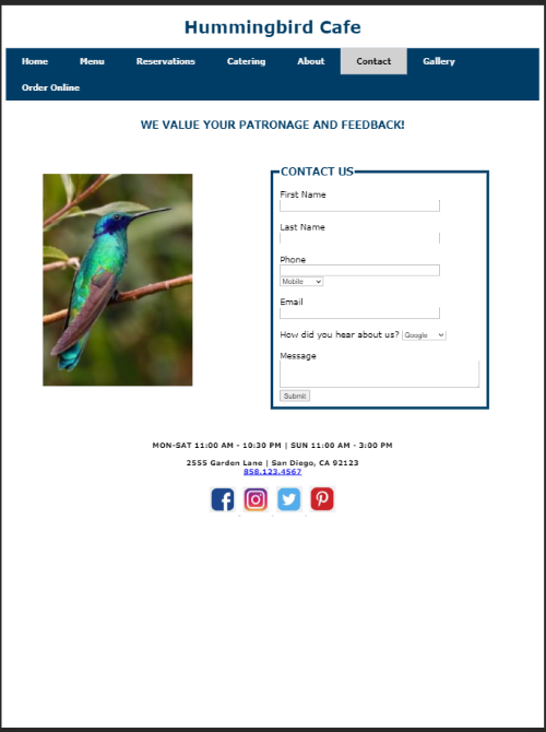 PDRH Design | Web Design | Hummingbird Cafe 6